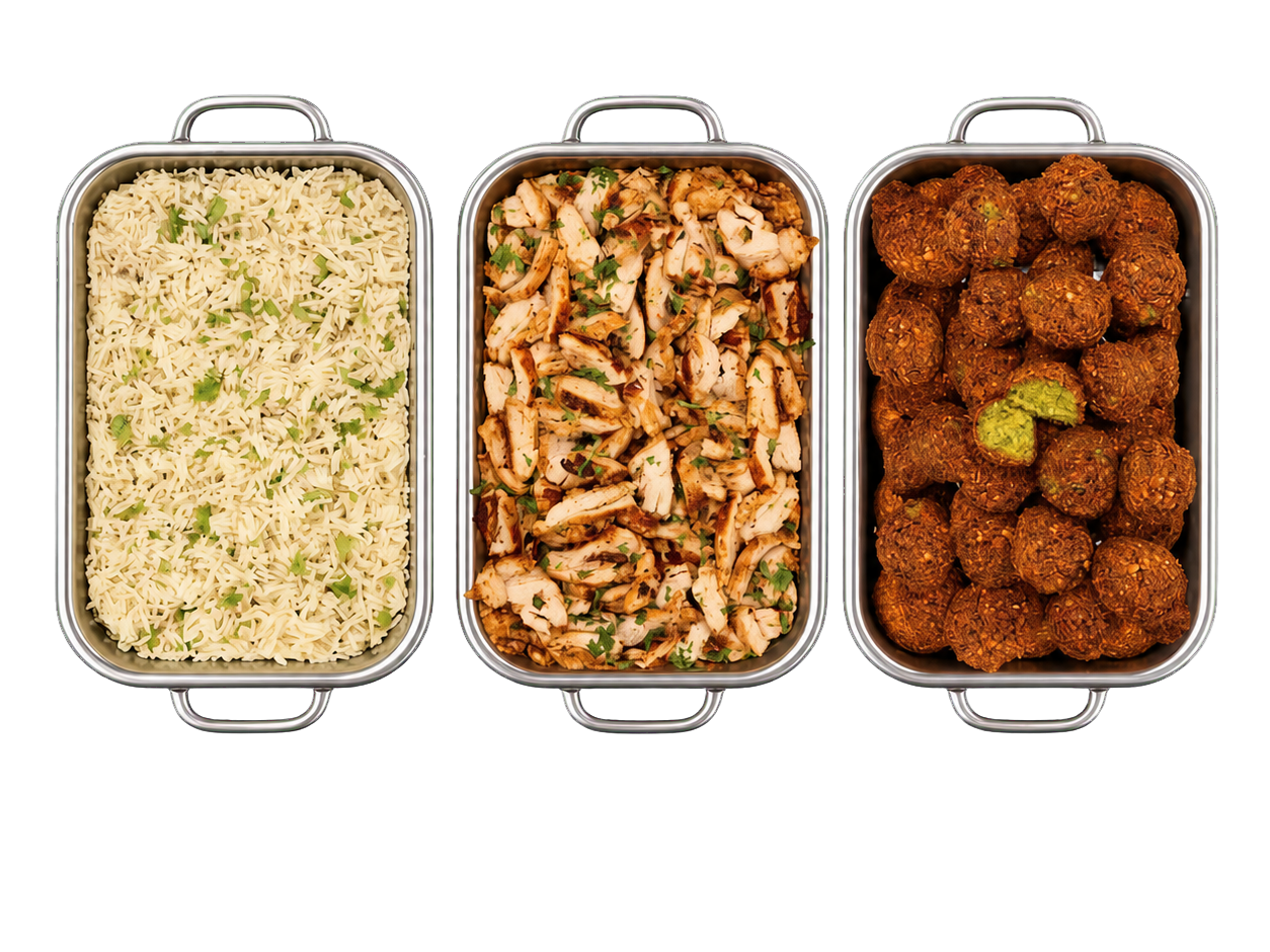Greek catering trays and platters arranged for a group event